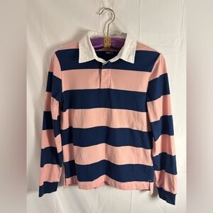 Pink Blue Striped Preppy Collared Long Sleeve 1/4 Button Women’s Size M-L